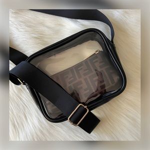 Boxy Clear Jelly Shoulder Crossbody Bag w/ Leather Trim in Black